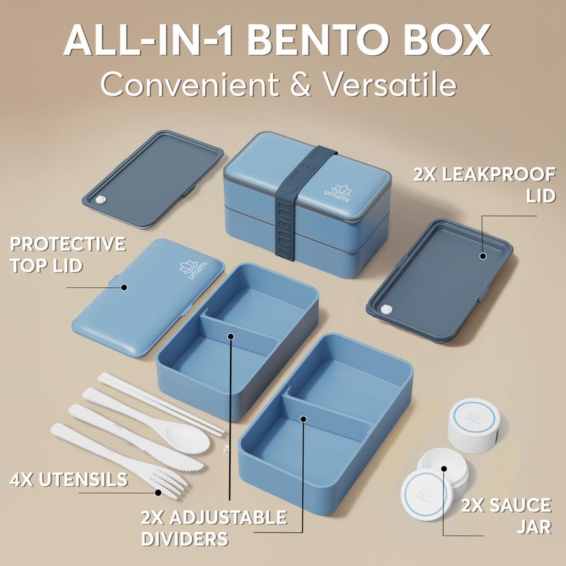 Umami Bento Box Adult All-In-1 w/4 Utensils, 2 Sauce Jar, 2 Dividers, 100% Leakproof, Microwave & Dishwasher Safe, Stackable Bento Lunch Box Containers for Men/Women, Denim Blue, 40 oz - Image 3